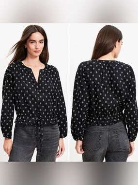 LOFT Black & White Clip Modern Drawstring Gathered Waist Boho Blouse or Top Sz S